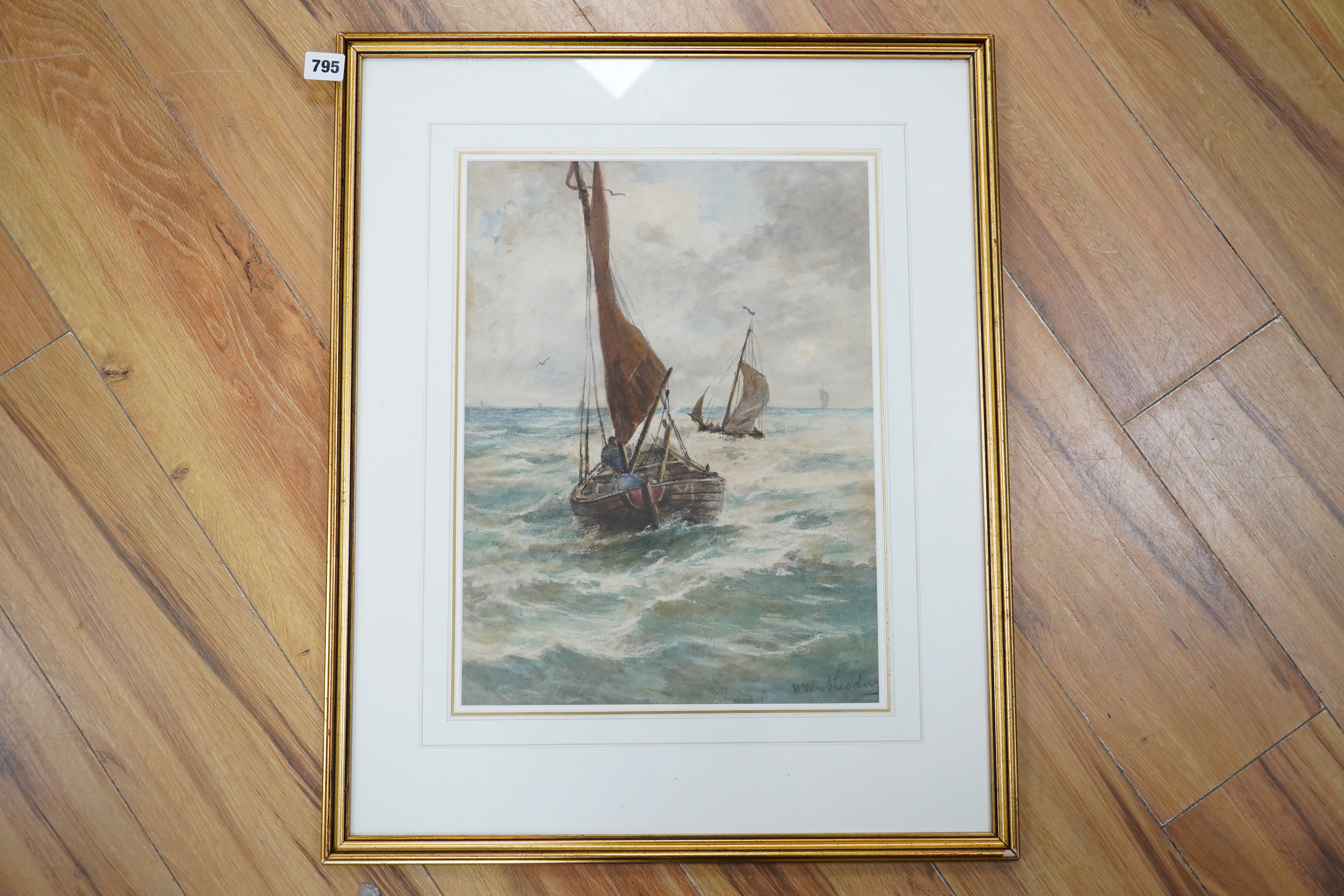 After Hendrik Willem Mesdag (Dutch, 1831-1915), watercolour, Fishing boats at sea, bears signature, 43 x 31cm. Condition - fair